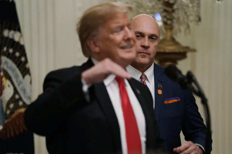 President Donald Trump speaks during an event for the Clemson University football team at the White House on Monday.